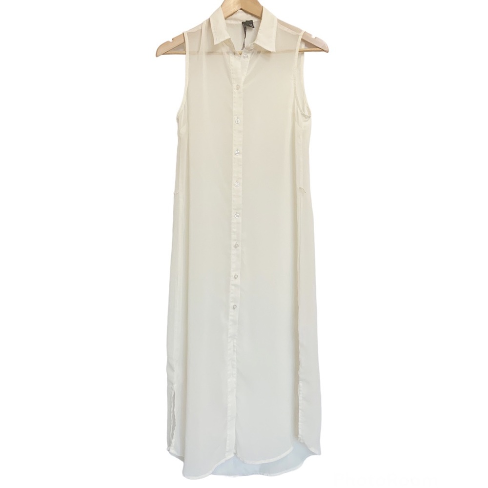Sheer Sleeveless Collared Button Down Maxi Dress Coverup Ivory Size Small